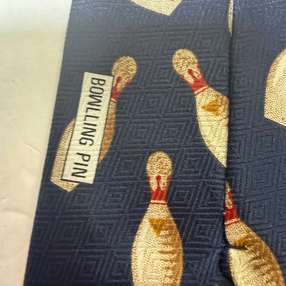 A. Rogers Mens Bowling Pin Novelty Tie Navy Blue Silk House Handmade Korea